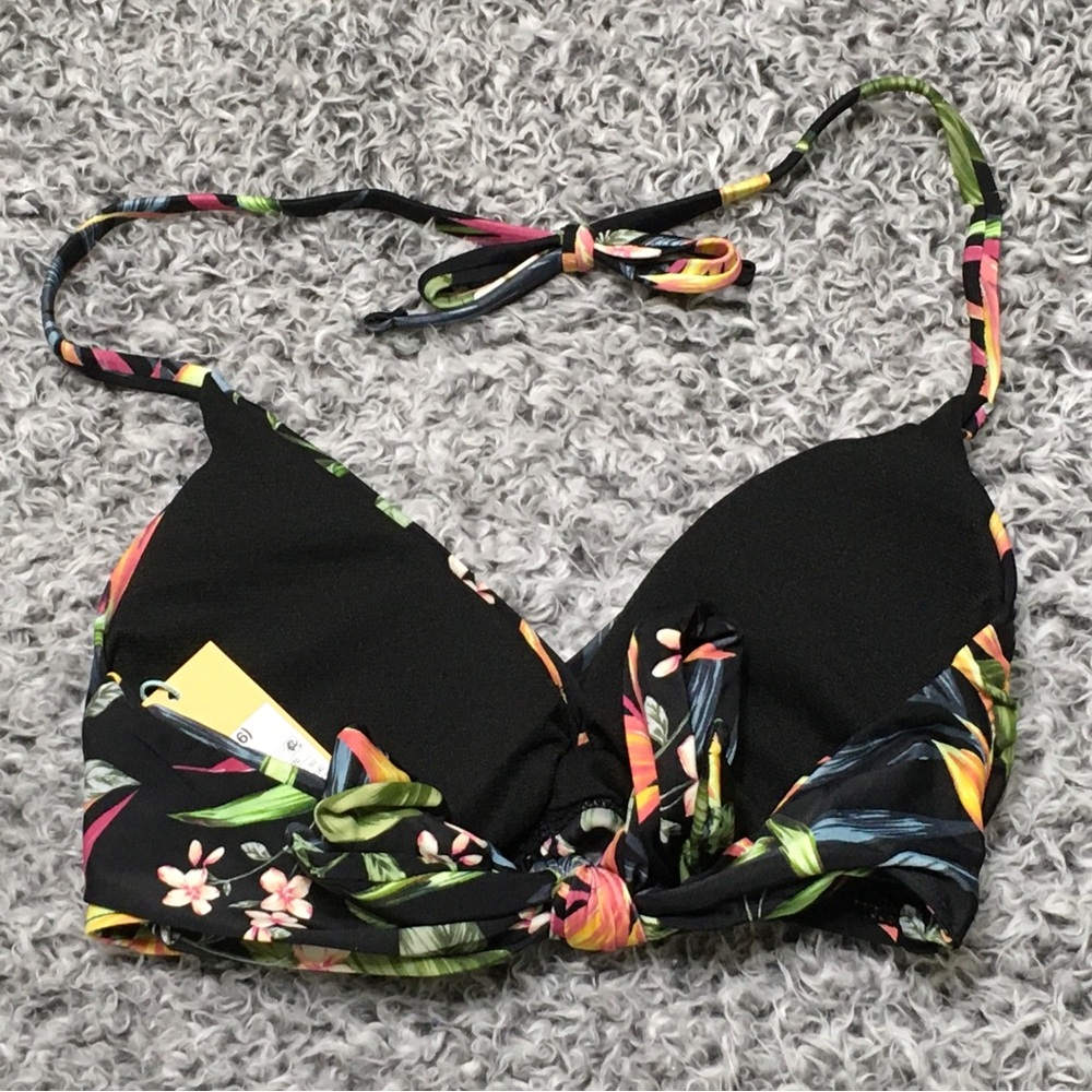 Kona Sol Black Floral S Twist-Front Halter Removable Cups Tie-Back Bikini Top - Picture 8 of 8